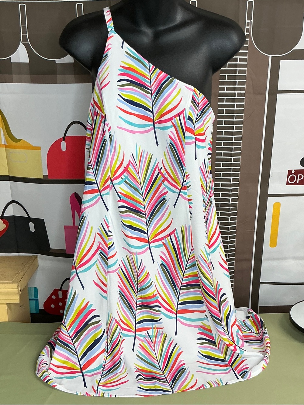 CROSBY by Mollie Burch White One-Shoulder Dress with Multicolor Leaf Print Sz Xs